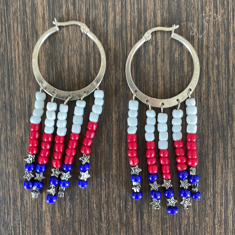 HAND CRAFTED Hoop Earrings Red White Blue Silver Plated Stars